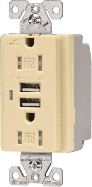 Cooper Wiring Devices - 2 USB Port, 2 Receptacle, 125 VAC, 5 VDC USB Receptacle - 5-15R NEMA Configuration, 15 Amp, Ivory, 2.1 Amp Charging Power, Automatic Grounding, Screw Mount - Strong Tooling