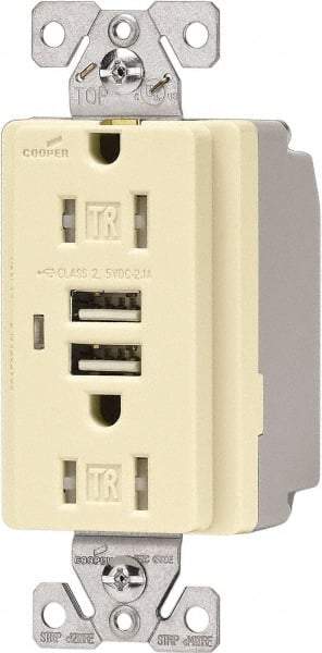 Cooper Wiring Devices - 2 USB Port, 2 Receptacle, 125 VAC, 5 VDC USB Receptacle - 5-15R NEMA Configuration, 15 Amp, Almond, 2.1 Amp Charging Power, Automatic Grounding, Screw Mount - Strong Tooling