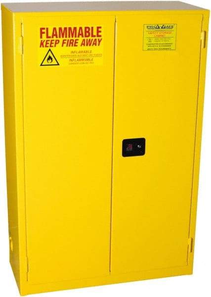 PRO-SAFE - 2 Door, 2 Shelf, Yellow Steel Standard Safety Cabinet for Flammable and Combustible Liquids - 65" High x 43" Wide x 18" Deep, Self Closing Door, 3 Point Key Lock, 45 Gal Capacity - Strong Tooling