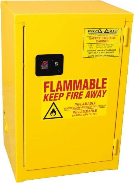 PRO-SAFE - 1 Door, 1 Shelf, Yellow Steel Space Saver Safety Cabinet for Flammable and Combustible Liquids - 35" High x 23" Wide x 18" Deep, Self Closing Door, 3 Point Key Lock, 12 Gal Capacity - Strong Tooling