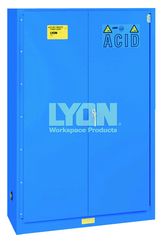 Acid Storage Cabinet - #5545 - 43 x 18 x 65" - 45 Gallon - w/2 shelves, three poly trays, bi-fold self-closing door - Blue Only - Strong Tooling