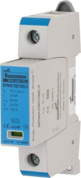 Cooper Bussmann - 1 Pole, 1 Phase, 10 kA Nominal Current, 90mm Long x 18mm Wide x 65mm Deep, Thermoplastic Hardwired Surge Protector - DIN Rail Mount, 100 VDC, 75 VAC, 100 VDC, 75 VAC Operating Voltage, 40 kA Surge Protection - Strong Tooling