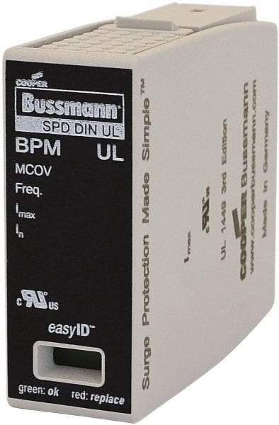 Cooper Bussmann - 1 Pole, 1 Phase, 20 kA Nominal Current, 90mm Long x 18mm Wide x 65mm Deep, Thermoplastic Hardwired Surge Protector - DIN Rail Mount, 125 kA Short Circuit Current, 347 VAC, 600 VAC Operating Voltage, 40 kA Surge Protection - Strong Tooling