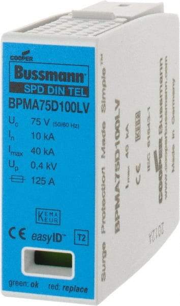 Cooper Bussmann - 1 Pole, 1 Phase, 10 kA Nominal Current, 90mm Long x 18mm Wide x 65mm Deep, Thermoplastic Hardwired Surge Protector - DIN Rail Mount, 100 VDC, 75 VAC, 100 VDC, 75 VAC Operating Voltage, 40 kA Surge Protection - Strong Tooling