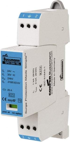 Cooper Bussmann - 2 Pole, 1 Phase, 1 kA Nominal Current, 90mm Long x 18mm Wide x 66mm Deep, Thermoplastic Hardwired Surge Protector - DIN Rail Mount, 48 VAC/VDC, 60 VAC/VDC Operating Voltage, 2 kA Surge Protection - Strong Tooling