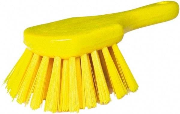 PRO-SOURCE - 1-3/4" Bristle Length, Plastic Utility Scrub Brush - 4-1/2" Long x 3-3/4" Wide Head, 8-1/2" OAL, Short Handle, Yellow, Foam Block - Strong Tooling