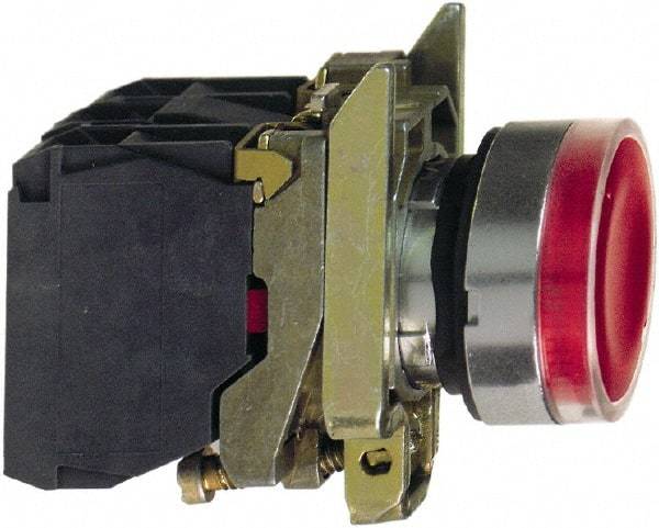 Schneider Electric - 22mm Mount Hole, Flush, Pushbutton Switch with Contact Block - Round, Red Pushbutton, Illuminated, Momentary (MO) - Strong Tooling