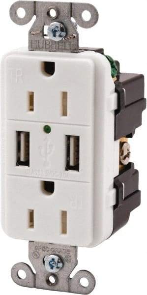 Hubbell Wiring Device-Kellems - 2 USB Port, 2 Receptacle, 125 VAC, 5 VDC USB Receptacle - 5-15R NEMA Configuration, 15 Amp, White, 3.8 Amp Charging Power, Screw Mount - Strong Tooling