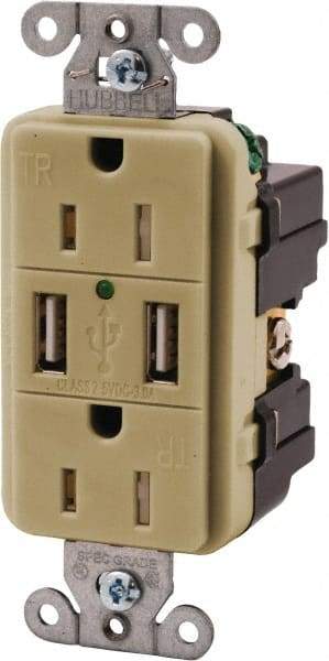 Hubbell Wiring Device-Kellems - 2 USB Port, 2 Receptacle, 125 VAC, 5 VDC USB Receptacle - 5-15R NEMA Configuration, 15 Amp, Ivory, 3.8 Amp Charging Power, Screw Mount - Strong Tooling