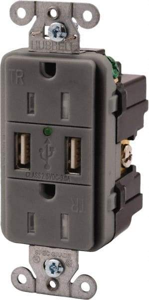 Hubbell Wiring Device-Kellems - 2 USB Port, 2 Receptacle, 125 VAC, 5 VDC USB Receptacle - 5-15R NEMA Configuration, 15 Amp, Gray, 3.8 Amp Charging Power, LED Indicator Light - Strong Tooling