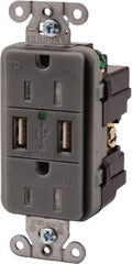 Hubbell Wiring Device-Kellems - 2 USB Port, 2 Receptacle, 125 VAC, 5 VDC USB Receptacle - 5-15R NEMA Configuration, 15 Amp, Gray, 3.8 Amp Charging Power, LED Indicator Light - Strong Tooling