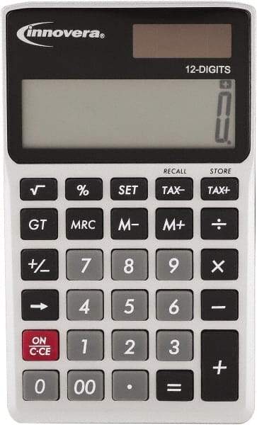 innovera - 12-Digit LCD 4 Function Handheld Calculator - 14mm Display Size, Silver & Black, Solar & Battery Powered - Strong Tooling