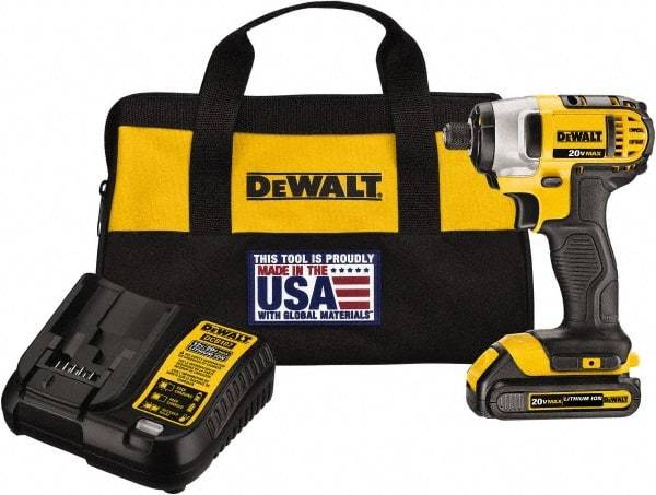 DeWALT - 20 Volt, 1/4" Drive, 117 Ft/Lb Torque, Cordless Impact Driver - Mid-Handle, 2800 RPM, 1 Lithium-Ion Battery Included - Strong Tooling