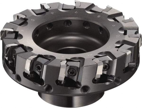 Sumitomo - 100mm Cut Diam, 1/2" Arbor Hole, 50mm Max Depth of Cut, 90° Indexable Chamfer & Angle Face Mill - 12 Inserts, NF-LDEN Insert, Right Hand Cut, 12 Flutes, Through Coolant, Series HF - Strong Tooling