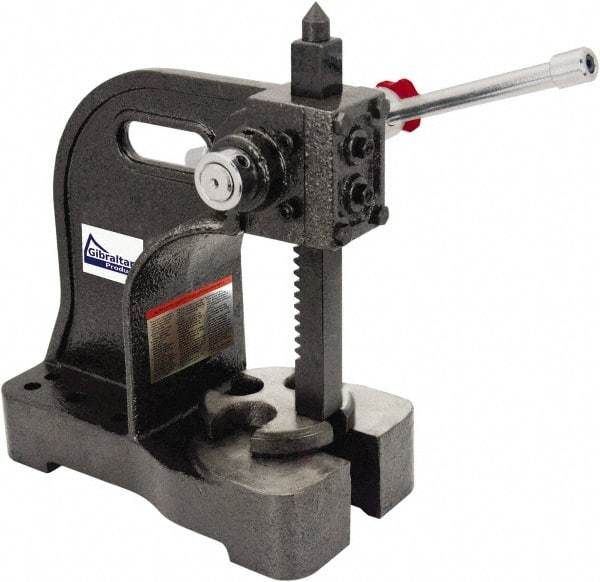 Gibraltar - 1-1/2" Ram, 5-1/4" Throat Depth, 3 Ton Manual Arbor Press - 12-1/2" Max Work Height x 16-1/2" Max Work Width, Single Leverage, 20:1 Leverage Ratio, 8-1/2" Base Width x 10" Base Depth - Strong Tooling