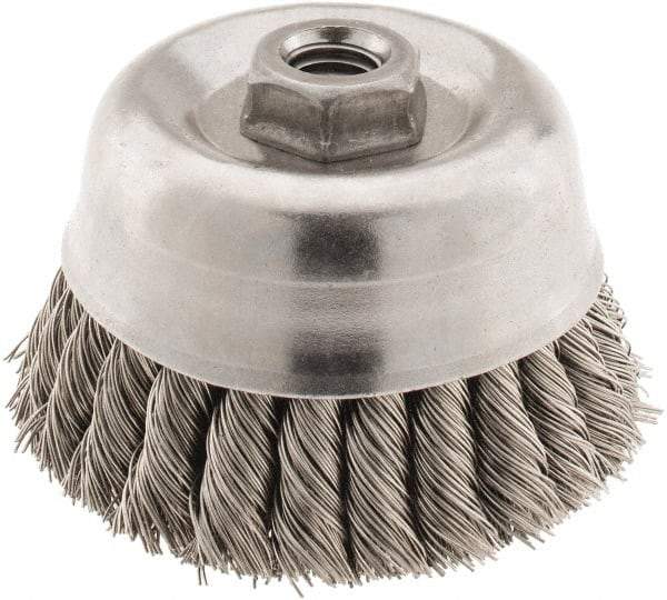 Osborn - 4" Diam, 5/8-11 Threaded Arbor, Stainless Steel Fill Cup Brush - 0.02 Wire Diam, 1-1/4" Trim Length, 6,000 Max RPM - Strong Tooling