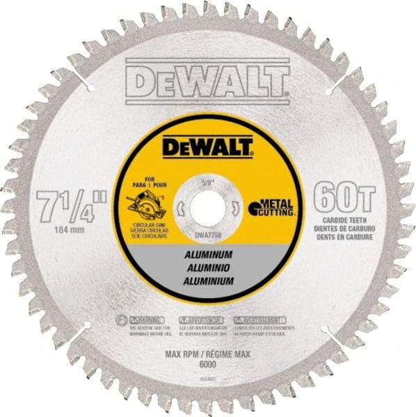 DeWALT - 7-1/4" Diam, 5/8" Arbor Hole Diam, 60 Tooth Wet & Dry Cut Saw Blade - High Speed Steel, Crosscut Action, Standard Round Arbor - Strong Tooling