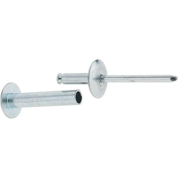 RivetKing - Size 8-26 Dome Head Steel Flush on Both Sides Blind Rivet - Steel Mandrel, 1-3/8" to 1-5/8" Grip, 5/8" Head Diam, 0.255" Min Hole Diam, 1.32" Length Under Head, 1/4" Body Diam - Strong Tooling