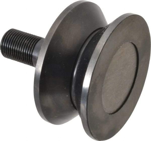 Accurate Bushing - 3-1/2" Roller Diam x 1-11/16" Width, 7/8" Stud Diam x 2" Length, V Guide Roller - Steel, 1-1/8" Thread Length, 7/8-14 Thread, 3,490 Lb Dynamic Cap, 2,000 Lb Static Cap - Strong Tooling