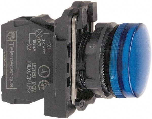 Schneider Electric - 110-120 VAC at 50/60 Hz Blue Lens LED Pilot Light - Round Lens, Screw Clamp Connector, 30mm Wide, Vibration Resistant, Water Resistant - Strong Tooling