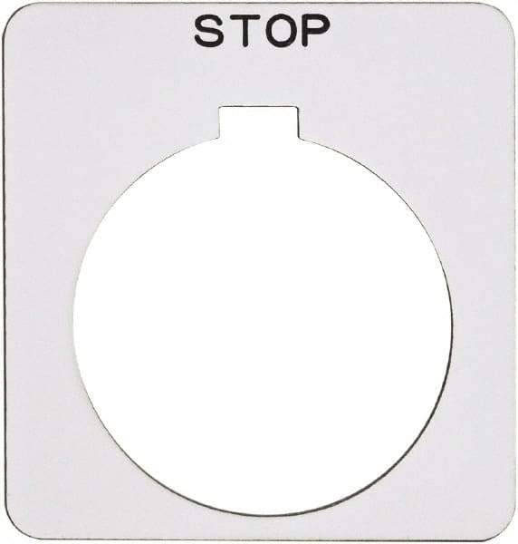 Schneider Electric - Square, Plastic Legend Plate - Stop - White Background, Black Letters, 1.22 Inch Hole Diameter, 1-3/4 Inch Square - Strong Tooling