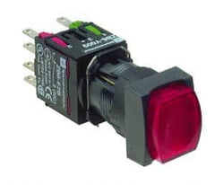 Schneider Electric - 16mm Mount Hole, Extended Straight, Pushbutton Switch with Contact Block - Square, Red Pushbutton, Illuminated, Momentary (MO) - Strong Tooling