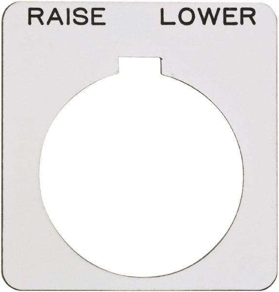 Schneider Electric - Square, Plastic Legend Plate - Raise-Lower - White Background, Black Letters, 1.22 Inch Hole Diameter, 1-3/4 Inch Square - Strong Tooling