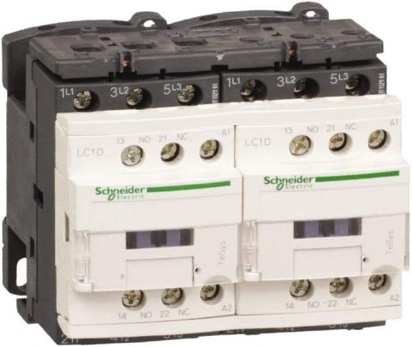 Schneider Electric - 3 Pole, 24 Coil VDC, 12 Amp at 440 VAC, Reversible IEC Contactor - 1 Phase hp: 1 at 115 VAC, 2 at 230/240 VAC, 3 Phase hp: 10 at 575/600 VAC, 3 at 200/208 VAC, 3 at 230/240 VAC, 7.5 at 460/480 VAC - Strong Tooling