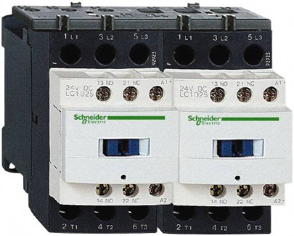 Schneider Electric - 3 Pole, 24 Coil VDC, 9 Amp at 440 VAC, Reversible IEC Contactor - 1 Phase hp: 0.5 at 115 VAC, 1 at 230/240 VAC, 3 Phase hp: 2 at 200/208 VAC, 2 at 230/240 VAC, 5 at 460/480 VAC, 7.5 at 575/600 VAC - Strong Tooling