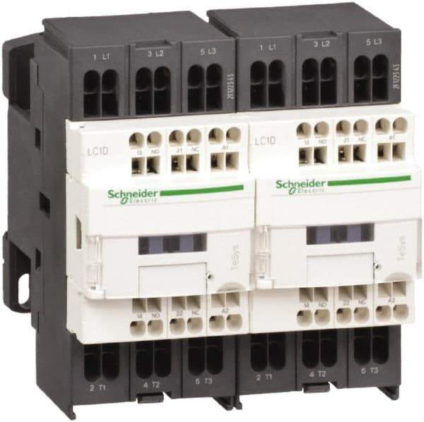 Schneider Electric - 3 Pole, 24 Coil VDC, 12 Amp at 440 VAC, Reversible IEC Contactor - 1 Phase hp: 1 at 115 VAC, 2 at 230/240 VAC, 3 Phase hp: 10 at 575/600 VAC, 3 at 200/208 VAC, 3 at 230/240 VAC, 7.5 at 460/480 VAC - Strong Tooling