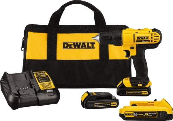 DeWALT - 20 Volt 1/2" Chuck Mid-Handle Cordless Drill - 0-450 & 0-1500 RPM, Single-Sleeve Ratcheting Chuck, Reversible, 3 Lithium-Ion Batteries Included - Strong Tooling