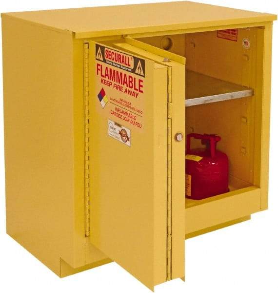 Securall Cabinets - 2 Door, 1 Shelf, Yellow Steel Under the Counter Safety Cabinet for Flammable and Combustible Liquids - 35-5/8" High x 35" Wide x 22" Deep, Sliding Door, 3 Point Key Lock, 24 Gal Capacity - Strong Tooling