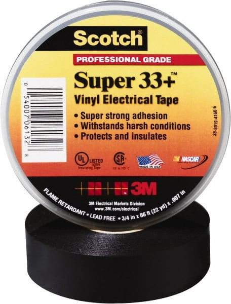 3M - 1" x 110', Black Vinyl Electrical Tape - Series 33+, 7 mil Thick, 1,150 V/mil Dielectric Strength, 15 Lb./Inch Tensile Strength - Strong Tooling