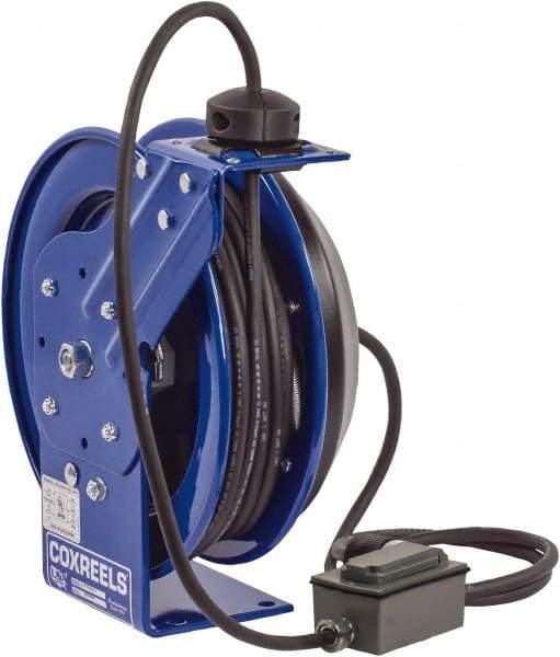 CoxReels - 12 AWG, 100' Cable Length, Cord & Cable Reel with Duplex GFCI Outlet Box End - 2 Outlets, NEMA 5-20R, 20 Amps, 115 Volts, SJO Cable, Blue Reel, Spring Driven Reel - Strong Tooling