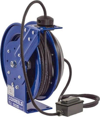 CoxReels - 12 AWG, 35' Cable Length, Cord & Cable Reel with Duplex GFCI Outlet Box End - 2 Outlets, NEMA 5-20R, 20 Amps, 115 Volts, SJO Cable, Blue Reel, Spring Driven Reel - Strong Tooling