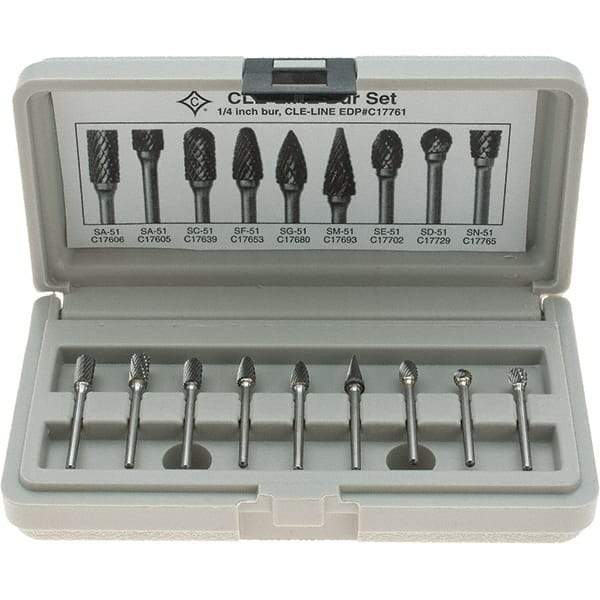 Cle-Line - 9 Piece, 1/8" Shank Burr Set - Solid Carbide, Multiple Head Shapes - Strong Tooling