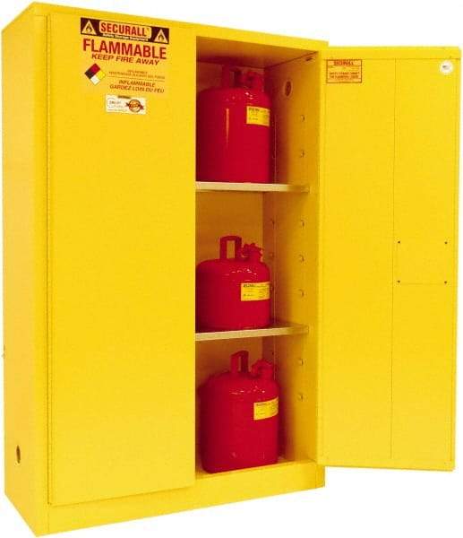 Securall Cabinets - 2 Door, 2 Shelf, Yellow Steel Standard Safety Cabinet for Flammable and Combustible Liquids - 65" High x 43" Wide x 18" Deep, Manual Closing Door, 3 Point Key Lock, 45 Gal Capacity - Strong Tooling