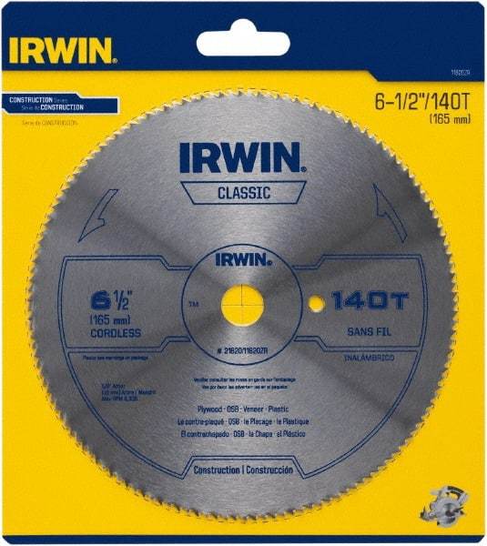 Irwin - 6-1/2" Diam, 5/8" Arbor Hole Diam, 140 Tooth Wet & Dry Cut Saw Blade - High Carbon Steel, Smooth Action, Standard Round Arbor - Strong Tooling