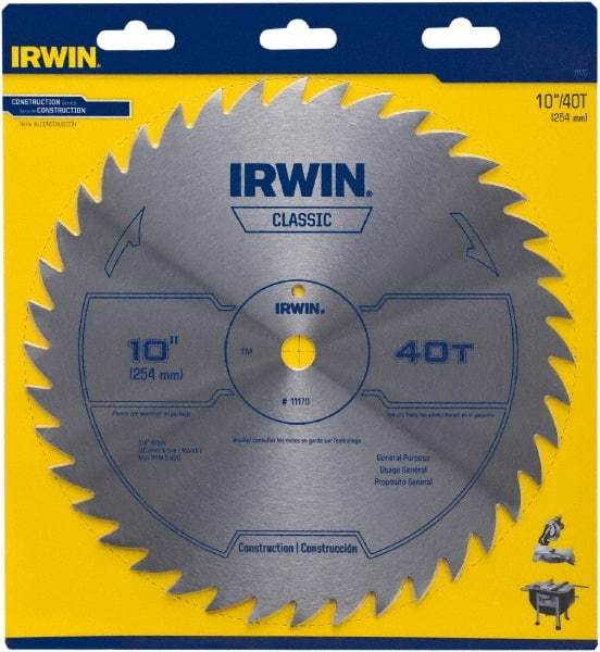 Irwin Blades - 10" Diam, 5/8" Arbor Hole Diam, 40 Tooth Wet & Dry Cut Saw Blade - High Carbon Steel, Smooth Action, Standard Round Arbor - Strong Tooling