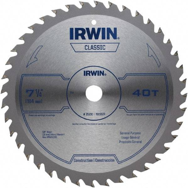 Irwin Blades - 7-1/4" Diam, 5/8" Arbor Hole Diam, 40 Tooth Wet & Dry Cut Saw Blade - Carbide-Tipped, Smooth Action, Diamond Arbor - Strong Tooling