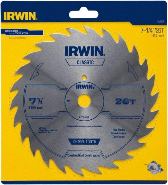 Irwin Blades - 7-1/4" Diam, 5/8" Arbor Hole Diam, 26 Tooth Wet & Dry Cut Saw Blade - High Carbon Steel, Smooth Action, Diamond Arbor - Strong Tooling