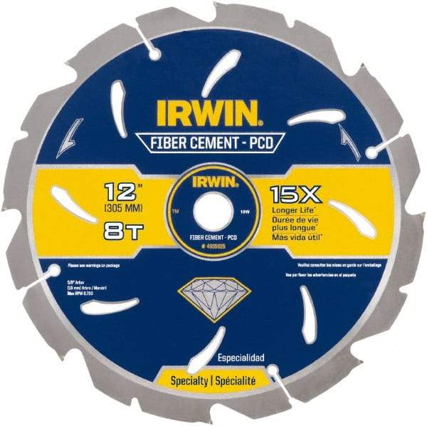 Irwin Blades - 12" Diam, 1" Arbor Hole Diam, 8 Tooth Wet & Dry Cut Saw Blade - Diamond-Tipped, Smooth Action, Standard Round Arbor - Strong Tooling