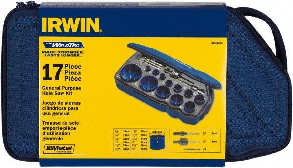 Irwin - 17 Piece, 5/8" to 3" Saw Diam, General Purpose Hole Saw Kit - Bi-Metal, Toothed Edge, Pilot Drill Model No. 373000, Includes 12 Hole Saws - Strong Tooling