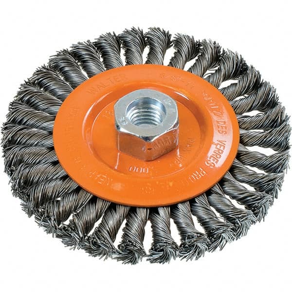 WALTER Surface Technologies - 5" OD, 5/8-11 Arbor Hole, Knotted Steel Wheel Brush - 3/8" Face Width, 0.02" Filament Diam, 15,000 RPM - Strong Tooling