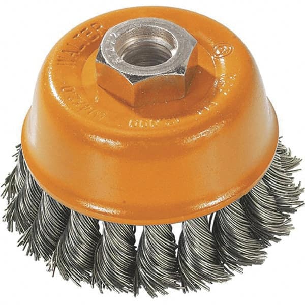 WALTER Surface Technologies - 3" Diam, M10x1.50 Threaded Arbor, Steel Fill Cup Brush - 0.015 Wire Diam, 12,000 Max RPM - Strong Tooling