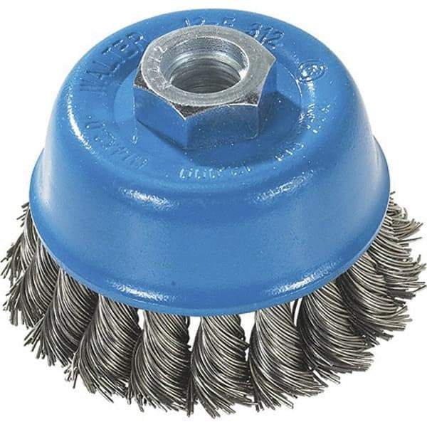 WALTER Surface Technologies - 3" Diam, M14x2.00 Threaded Arbor, Stainless Steel Fill Cup Brush - 0.015 Wire Diam, 12,000 Max RPM - Strong Tooling