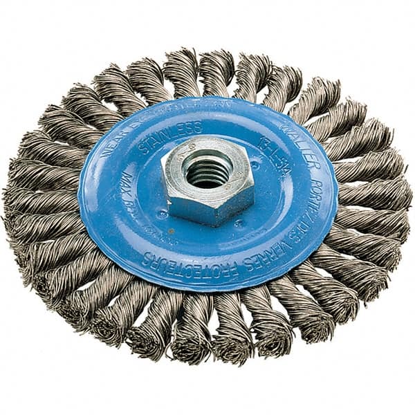 WALTER Surface Technologies - 5" OD, 5/8-11 Arbor Hole, Knotted Stainless Steel Wheel Brush - 3/8" Face Width, 0.02" Filament Diam, 15,000 RPM - Strong Tooling