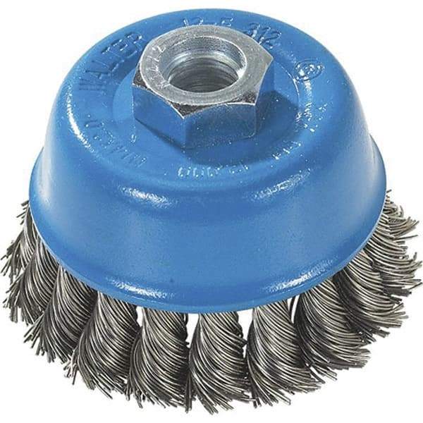 WALTER Surface Technologies - 3" Diam, M10x1.25 Threaded Arbor, Stainless Steel Fill Cup Brush - 0.015 Wire Diam, 12,000 Max RPM - Strong Tooling