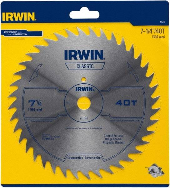 Irwin Blades - 7-1/4" Diam, 5/8" Arbor Hole Diam, 40 Tooth Wet & Dry Cut Saw Blade - High Carbon Steel, Smooth Action, Diamond Arbor - Strong Tooling