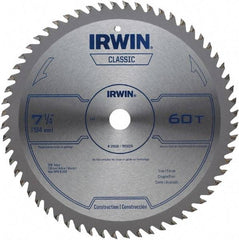 Irwin Blades - 7-1/4" Diam, 5/8" Arbor Hole Diam, 60 Tooth Wet & Dry Cut Saw Blade - Carbide-Tipped, Smooth Action, Diamond Arbor - Strong Tooling